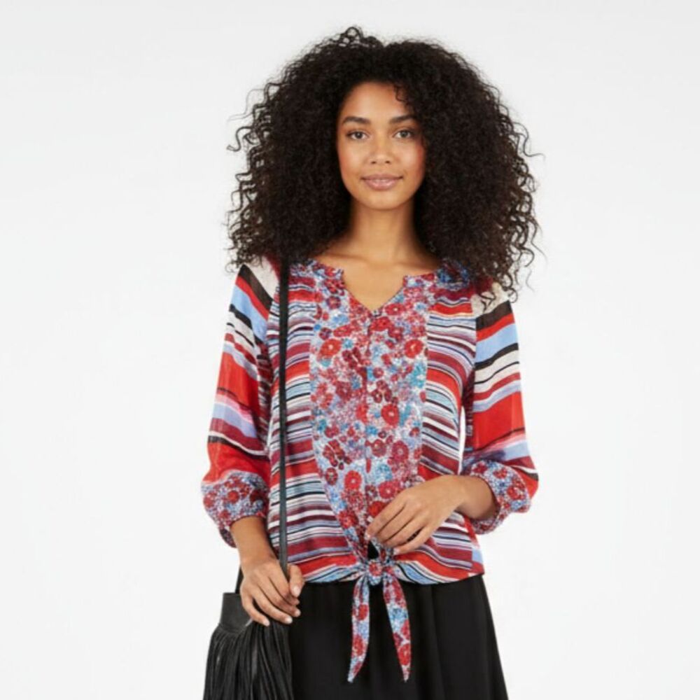 Fig & Flowers Floral & Stripes Long Sleeve Tie Waist Boho Peasant Top New L